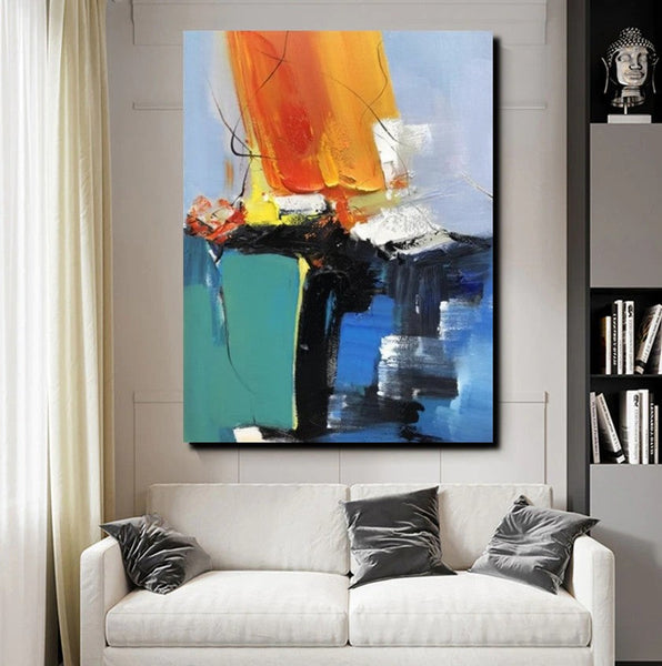 Acrylic Paintings on Canvas, Large Paintings Behind Sofa, Abstract Painting for Living Room, Blue Modern Paintings, Palette Knife Paintings-artworkcanvas