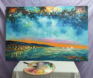 Starry Night Sky Painting, Original Landscape Paintings, Oil Painting on Canvas, Landscape Canvas Paintings, Palette Knife Paintings