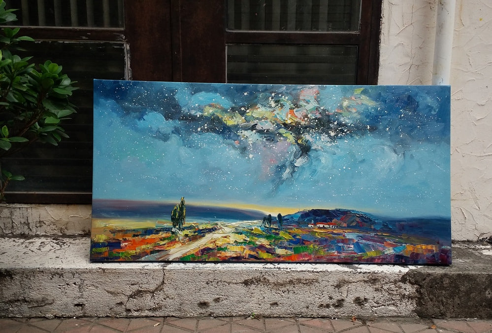 Starry Night Sky Painting I Paint with Palette Knife, Landscape Canvas Paintings, Original Landscape Art Paintings, Hand Painted Canvas Art, Oil Painting on Canvas, Buy Art Online