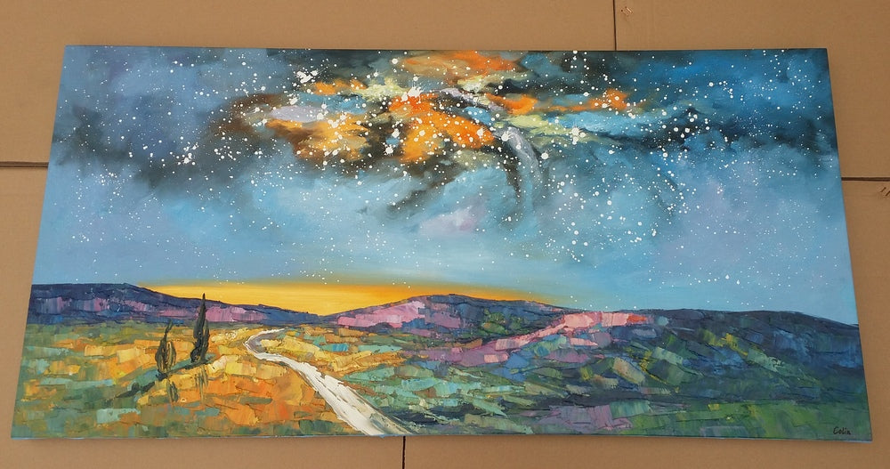 Starry Night Sky Painting I Created with Palette Knife, Landscape Canvas Paintings, Hand Painted Canvas Art, Large Paintings for Living Room, Original Landscape Painting
