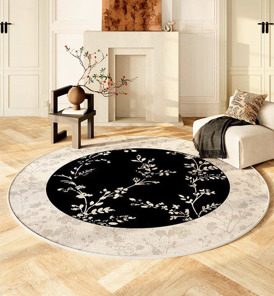 Contemporary Round Rugs for Dining Room, Flower Pattern Round Carpets under Coffee Table, Circular Modern Rugs for Living Room, Modern Area Rugs for Bedroom-artworkcanvas