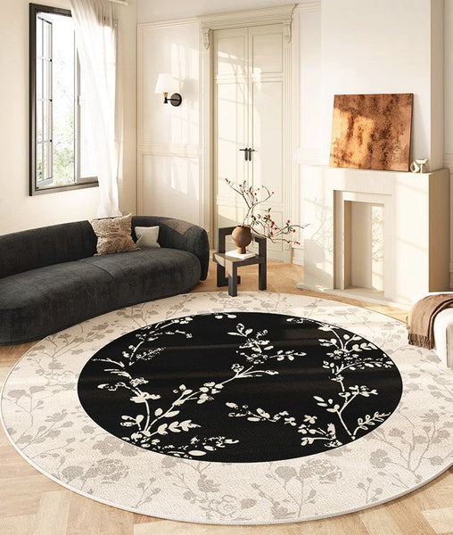 Contemporary Round Rugs for Dining Room, Flower Pattern Round Carpets under Coffee Table, Circular Modern Rugs for Living Room, Modern Area Rugs for Bedroom-artworkcanvas