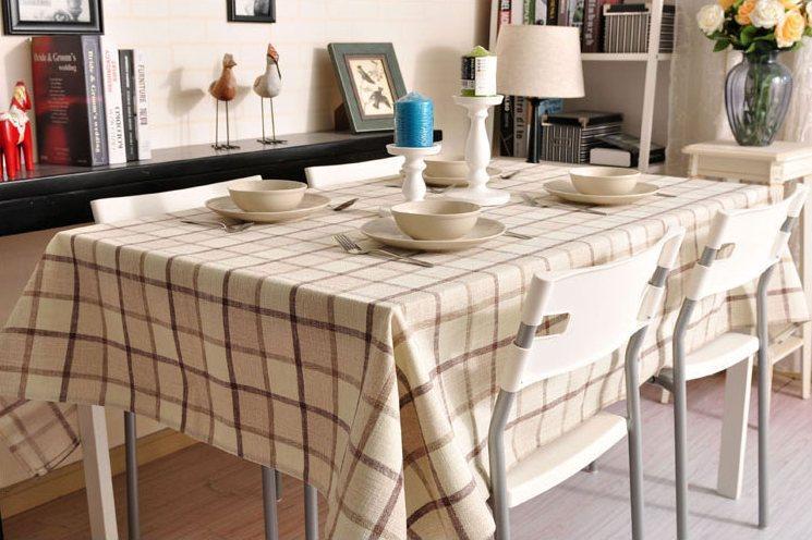 Rustic Wedding Tablecloth, Checked Tablecloth for Home Decoration, Table Cover, Beige Color Checkerboard Linen Tablecloth-artworkcanvas