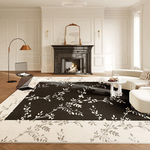 Contemporary Floor Carpets for Living Room, Large Modern Rugs for Sale, Dining Room Modern Rugs, Black Flower Pattern Geometric Modern Rugs in Bedroom-artworkcanvas
