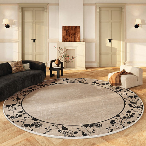 Flower Pattern Round Carpets under Coffee Table, Contemporary Round Rugs for Dining Room, Circular Modern Rugs for Living Room, Modern Area Rugs for Bedroom-artworkcanvas