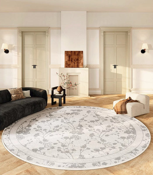Modern Area Rugs for Bedroom, Flower Pattern Round Carpets under Coffee Table, Contemporary Round Rugs for Dining Room, Circular Modern Rugs for Living Room-artworkcanvas