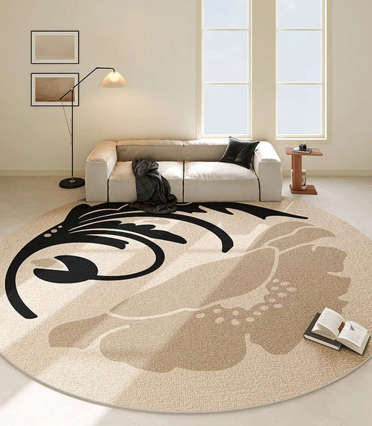 Dining Room Round Rugs, Modern Area Rugs under Coffee Table, Round Modern Rugs, Flower Pattern Abstract Contemporary Area Rugs, Modern Rugs in Bedroom-artworkcanvas