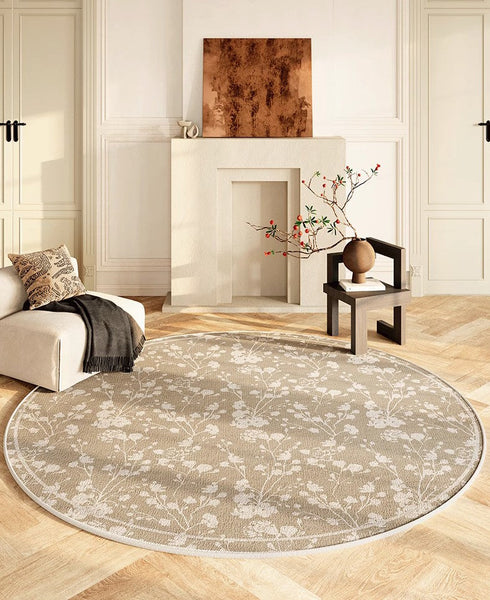 Uniqe Modern Area Rugs for Bedroom, Circular Modern Rugs for Living Room, Flower Pattern Round Carpets under Coffee Table, Contemporary Round Rugs for Dining Room-artworkcanvas