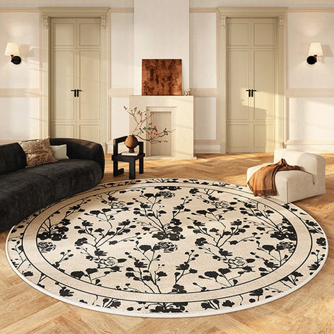 Modern Area Rugs for Bedroom, Flower Pattern Round Carpets under Coffee Table, Circular Modern Rugs for Living Room, Contemporary Round Rugs for Dining Room-artworkcanvas