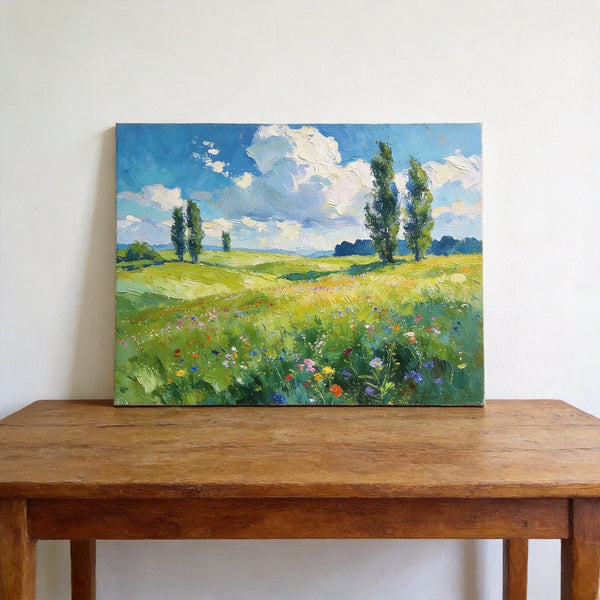 Original Landscape Paintings, Sunlit Wildflower Meadow, Small Canvas Wall Art Paintings, Buy Original Artwork Online, Hand Painted Canvas Art-artworkcanvas