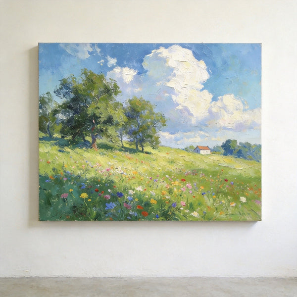 Original Landscape Paintings, Wildflower Hillside Under Soft Clouds, Buy Original Artwork Online, Hand Painted Canvas Art, Small Canvas Wall Art Paintings-artworkcanvas