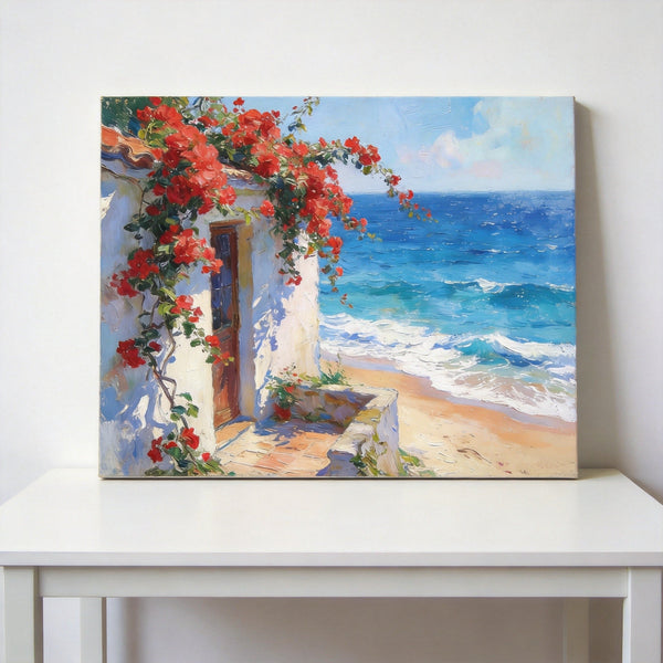 Buy Original Oil Paintings Online, Bougainvillea by the Turquoise Shore, Original Small Paintings, Seashore Beach Painting, Hand Painted Canvas Art, Small Canvas Wall Art Paintings-artworkcanvas