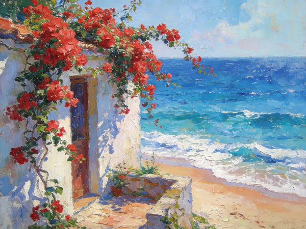 Buy Original Oil Paintings Online, Bougainvillea by the Turquoise Shore, Original Small Paintings, Seashore Beach Painting, Hand Painted Canvas Art, Small Canvas Wall Art Paintings-artworkcanvas