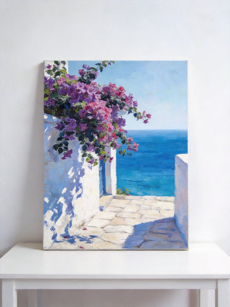 Original Landscape Paintings, Blooming Purple Bougainvillea and the Azure Mediterranean, Hand Painted Canvas Art, Small Canvas Wall Art Paintings, Original Oil Paintings-artworkcanvas