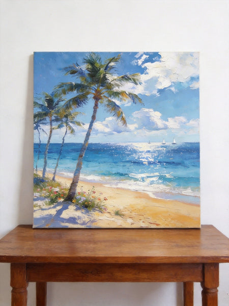 Hand Painted Canvas Art, Sunlit Palm Shore with Sails, Seashore Beach Painting, Small Canvas Artwork, Original Landscape Paintings, Buy Small Paintings Online-artworkcanvas
