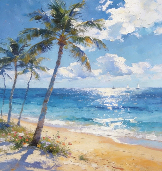 Hand Painted Canvas Art, Sunlit Palm Shore with Sails, Seashore Beach Painting, Small Canvas Artwork, Original Landscape Paintings, Buy Small Paintings Online-artworkcanvas