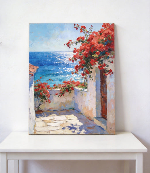 Crimson Blooms and Azure Mediterranean, Hand Painted Canvas Art, Original Landscape Paintings, Small Canvas Wall Art Paintings, Original Oil Paintings-artworkcanvas
