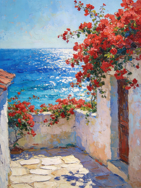 Crimson Blooms and Azure Mediterranean, Hand Painted Canvas Art, Original Landscape Paintings, Small Canvas Wall Art Paintings, Original Oil Paintings-artworkcanvas