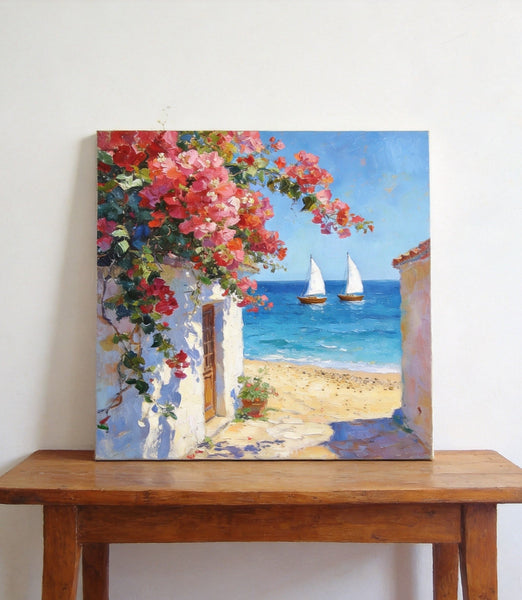 Blooming Bougainvillea and the Azure Mediterranean, Hand Painted Canvas Art, Seashore Beach Paintings, Original Oil Paintings, Buy Small Artwork Online-artworkcanvas