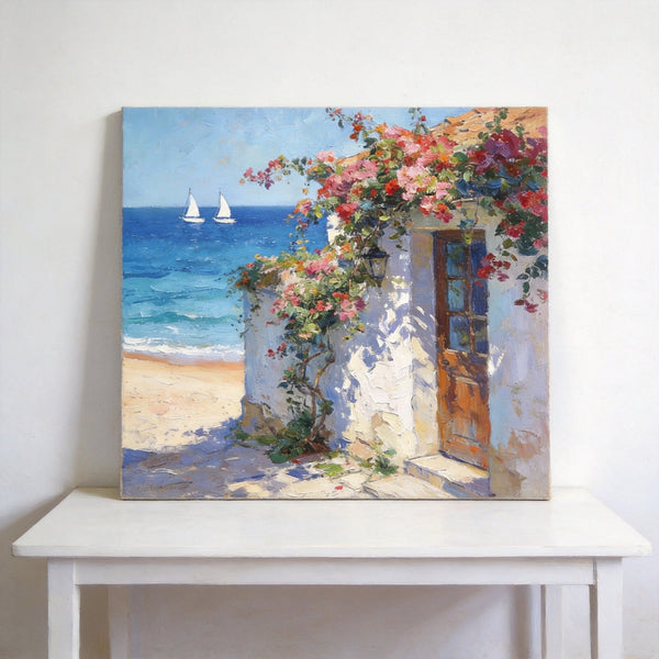 Hand Painted Canvas Art, Blooming Bougainvillea and the Azure Mediterranean, Seashore Beach Paintings, Original Oil Paintings, Buy Small Artwork Online-artworkcanvas