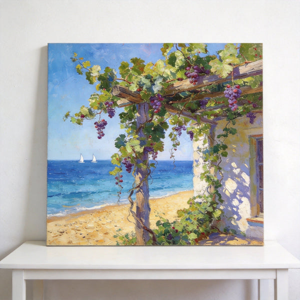 Hand Painted Canvas Art, Summer Glow on the Vine-Covered Terrace, Seashore Beach Paintings, Original Oil Paintings, Buy Small Artwork Online-artworkcanvas
