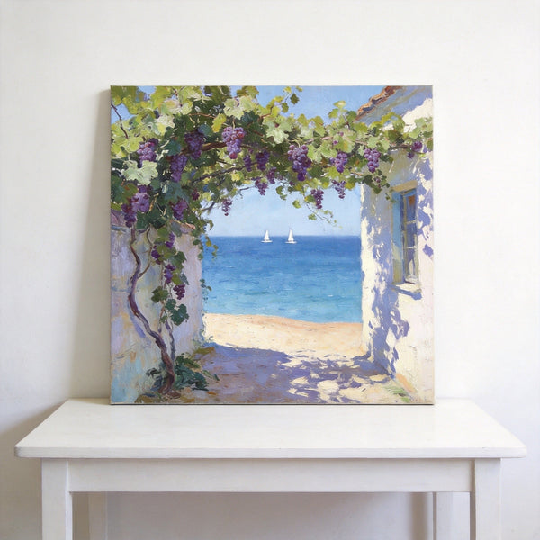 Summer Glow on the Vine-Covered Terrace, Seashore Beach Paintings, Hand Painted Canvas Art, Original Oil Paintings, Buy Small Artwork Online-artworkcanvas
