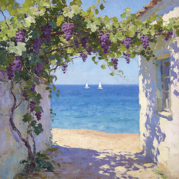 Summer Glow on the Vine-Covered Terrace, Seashore Beach Paintings, Hand Painted Canvas Art, Original Oil Paintings, Buy Small Artwork Online-artworkcanvas