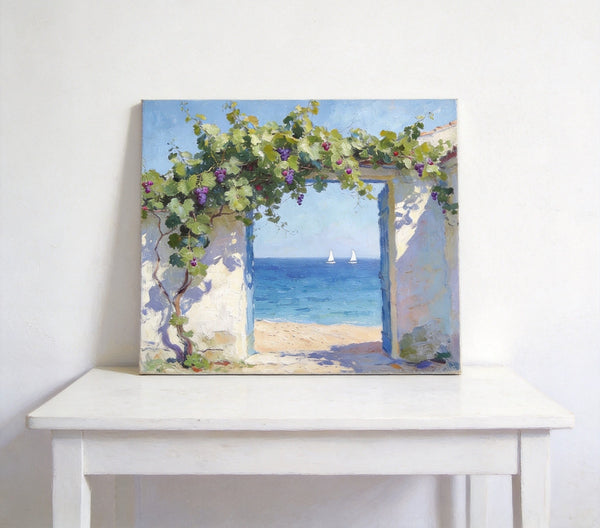 Original Small Paintings, Seaside Cottage Under the Grape Canopy, Hand Painted Canvas Art, Small Canvas Wall Art Paintings, Original Oil Paintings-artworkcanvas
