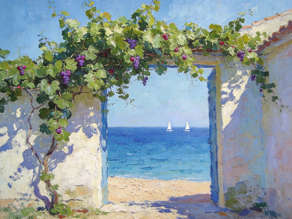Original Small Paintings, Seaside Cottage Under the Grape Canopy, Hand Painted Canvas Art, Small Canvas Wall Art Paintings, Original Oil Paintings-artworkcanvas