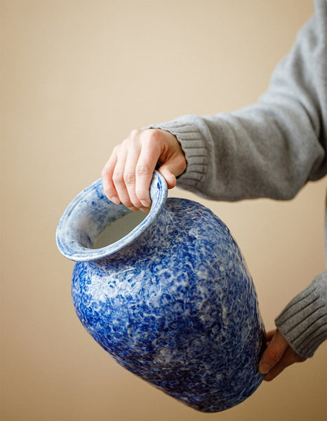Handmade Water Holding Flower Vases, Centerpiece on Dining Table, Blue Pottery Bud Vases, Large Flower Vases on Table, Modern Pottery Flower Vases-artworkcanvas