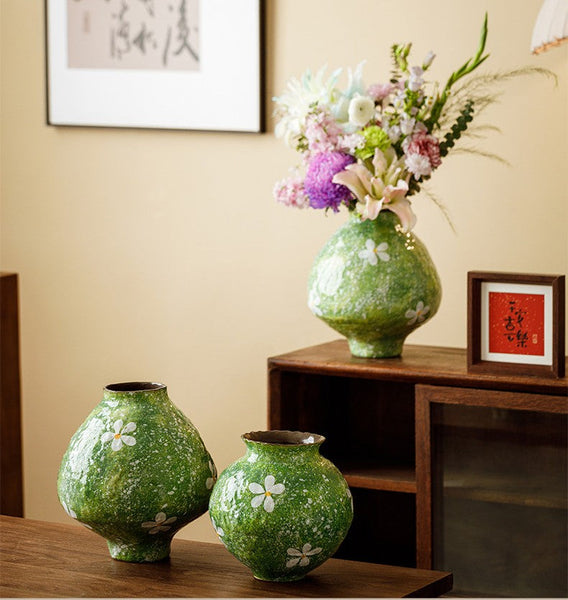 Centerpiece on Dining Table, Handmade Water Holding Flower Vases, Modern Pottery Flower Vases, Pottery Bud Vases, Large Green Flower Vases on Table-artworkcanvas