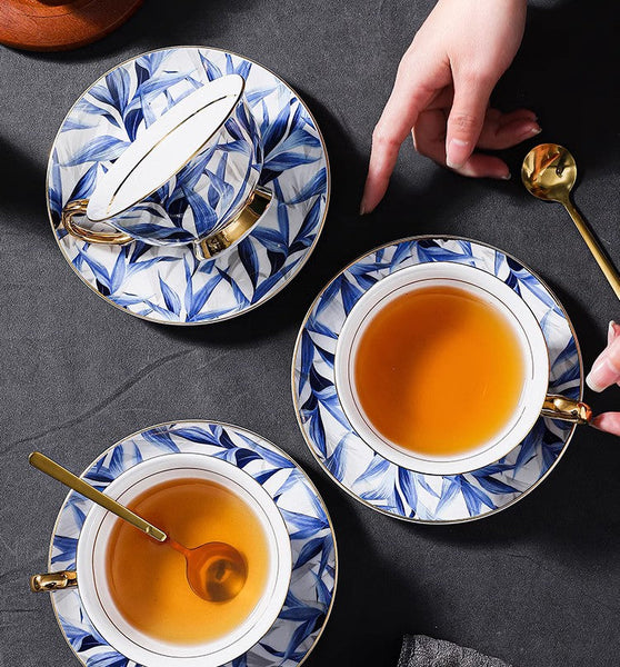 Blue Porcelain Tea Cup Saucer Set, 7.4 oz British Ceramic Coffee Cups, Unique British Tea Cup and Saucer in Gift Box-artworkcanvas