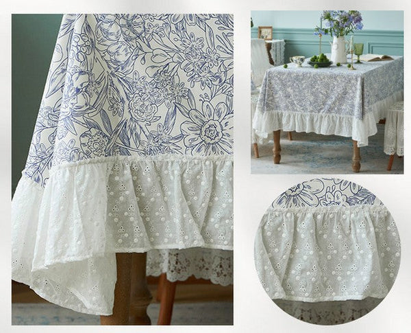 Cotton Rectangle Tablecloth for Dining Room Table, Natural Spring Farmhouse Table Cloth, Blue Flower Pattern Cotton Tablecloth, Square Tablecloth for Round Table-artworkcanvas