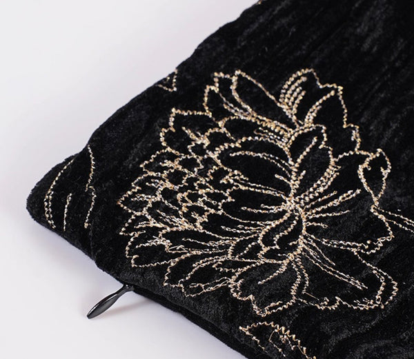 Contemporary Modern Sofa Pillows, Black Embroidery Flower Pattern Pillows for Couch, Decorative Throw Pillows for Bedroom, Large Modern Sofa Pillow for Dining Room-artworkcanvas