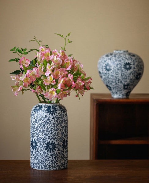 Vintage Bouquet Flower Vases, Centerpiece on Dining Table, Large Blue Flower Vase on Table, Handmade Porcelain Flower Vases Urn, Water Holding Flower Vases-artworkcanvas