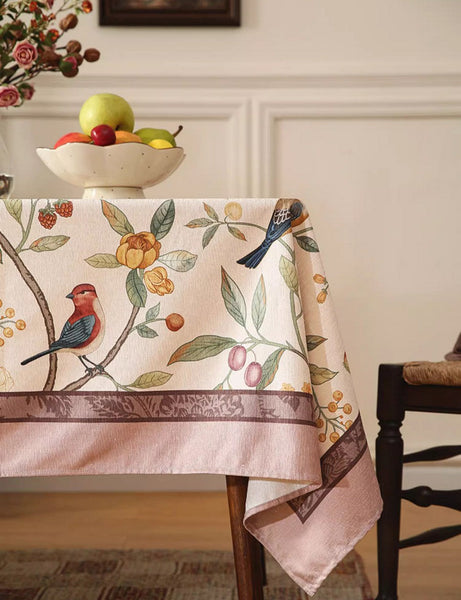 Bird and Fruit Tree Kitchen Table Cover, Linen Table Cover for Dining Room Table, Tablecloth for Round Table, Simple Modern Rectangle Tablecloth Ideas for Oval Table-artworkcanvas