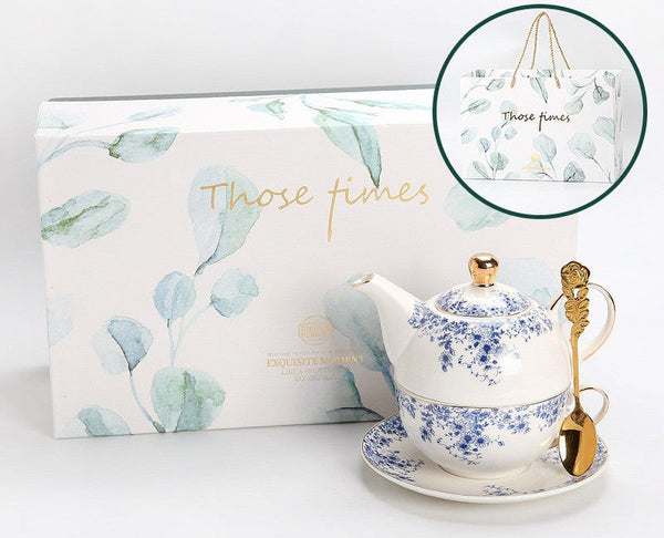 British Style Porcelain Teapot with Matching Cup and Saucer in Gift Box, Ceramic Tea Pot with Integrated Cup, Stackable Teapot and Cup Set, Mother-and-Baby Teapot with Matching Saucer-artworkcanvas