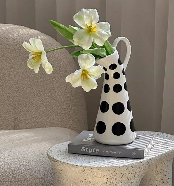 Ceramic Bud Vases, Small Flower Vases on Table, Black and White Polka Dot Flower Vase, Modern Porcelain Flower Vases, Handmade Water Holding Flower Vases-artworkcanvas