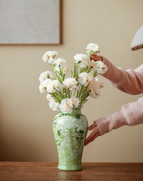 Large Flower Vases on Table, Green Porcelain Flower Vases, Centerpiece Ceramic Bud Vases, Handmade Water Holding Flower Vase-artworkcanvas