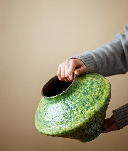 Centerpiece on Dining Table, Modern Pottery Flower Vases, Handmade Water Holding Flower Vases, Pottery Bud Vases, Large Green Flower Vases on Table-artworkcanvas