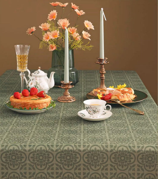 Rectangle Table Cover Ideas for Dining Table, Square Tablecloth for Round Table, Green Flower Pattern Table Cover for Kitchen, Outdoor Picnic Tablecloth-artworkcanvas