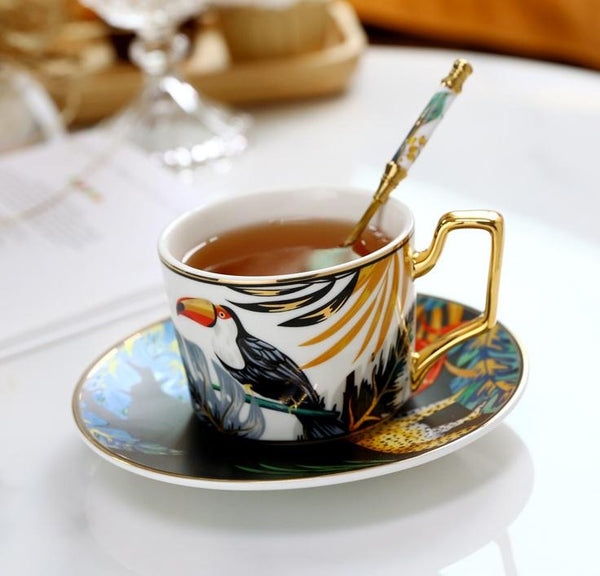 Elegant Tea Cup and Saucer, Jungle Toucan Pattern Porcelain Coffee Cups, 7.4 oz Coffee Cups with Gold Trim and Gift Box-artworkcanvas