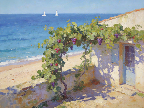 Original Landscape Paintings, Summer Glow on the Vine-Covered Terrace, Hand Painted Canvas Art, Seashore Beach Painting, Small Canvas Wall Art Paintings, Buy Art Online, Original Oil Paintings-artworkcanvas
