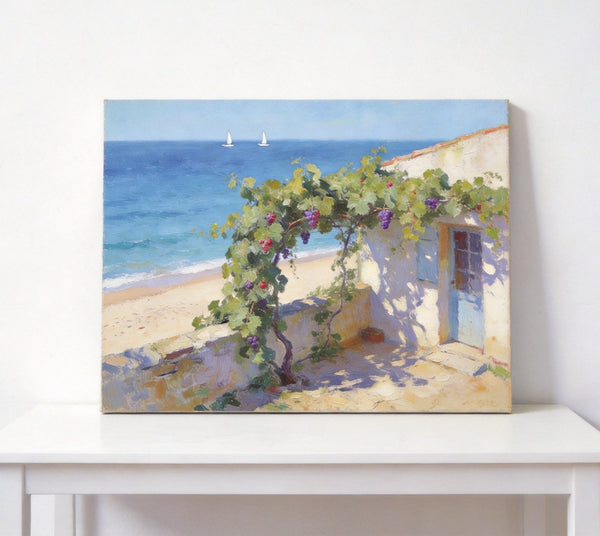 Original Landscape Paintings, Summer Glow on the Vine-Covered Terrace, Hand Painted Canvas Art, Seashore Beach Painting, Small Canvas Wall Art Paintings, Buy Art Online, Original Oil Paintings-artworkcanvas