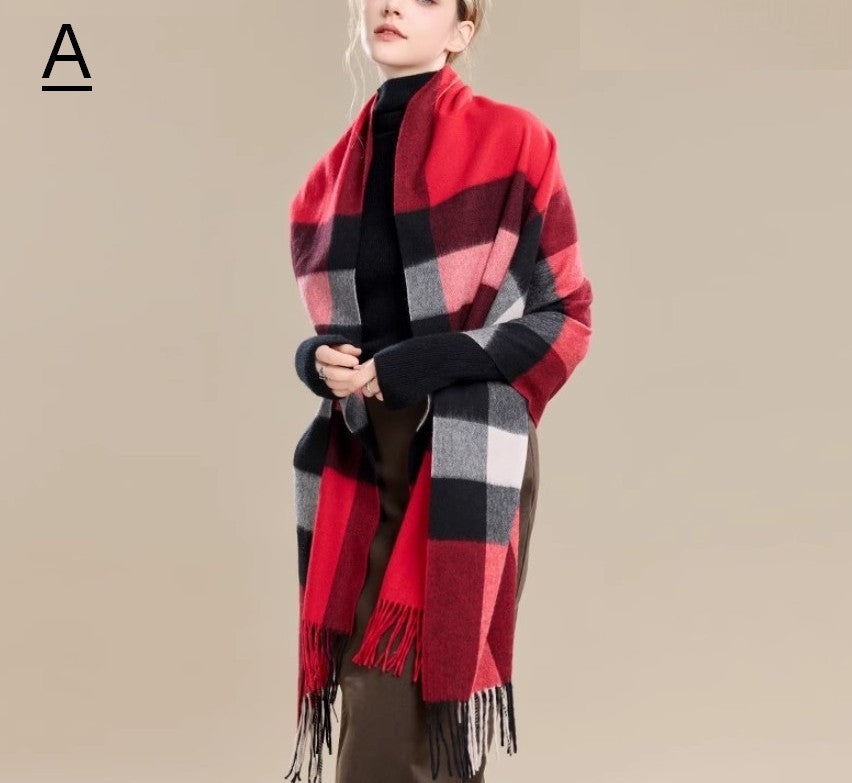 Long Wool Scarf, Soft Wool Scarf for Women, Checkered Fashion Scarf, Warm Cape, Gifts for Her, Evening Wrap, Christmas Gift, Winter Shawl, Elegant Shawl