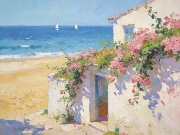 Original Small Paintings, Sunlit Seaside Cottage with Bougainvillea, Seashore Beach Painting, Hand Painted Canvas Art, Small Canvas Wall Art Paintings, Original Oil Paintings-artworkcanvas