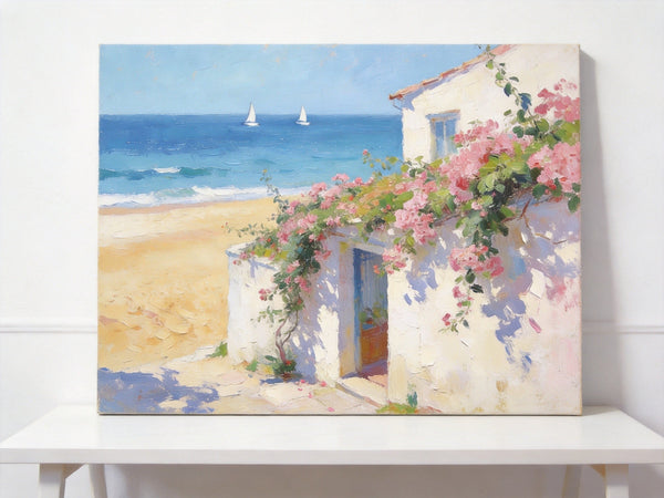 Original Small Paintings, Sunlit Seaside Cottage with Bougainvillea, Seashore Beach Painting, Hand Painted Canvas Art, Small Canvas Wall Art Paintings, Original Oil Paintings-artworkcanvas