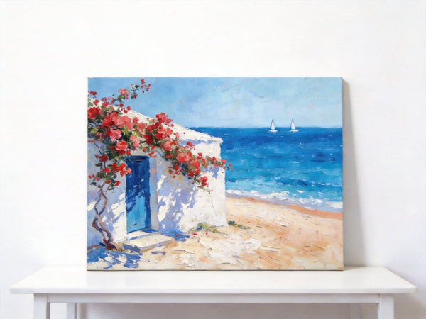 Bougainvillea by the Turquoise Shore, Original Small Paintings, Seashore Beach Painting, Hand Painted Canvas Art, Small Canvas Wall Art Paintings, Original Oil Paintings-artworkcanvas
