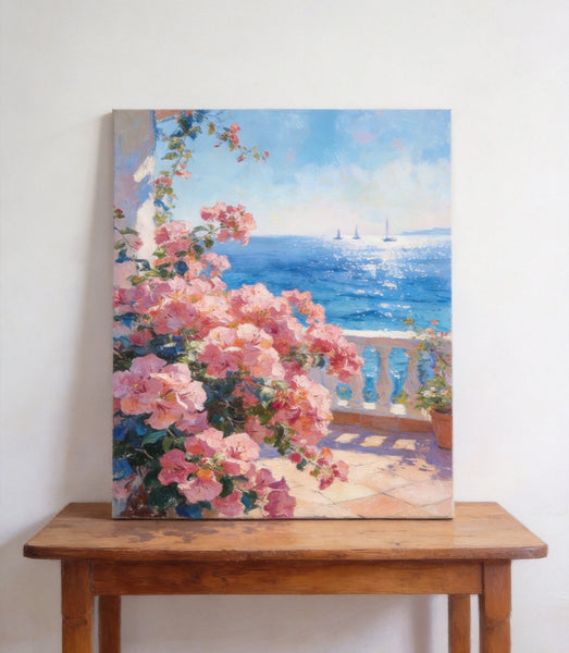 Terrace Blooms and Distant Sails, Original Landscape Paintings, Small Canvas Wall Art Paintings, Original Oil Paintings, Hand Painted Canvas Art-artworkcanvas