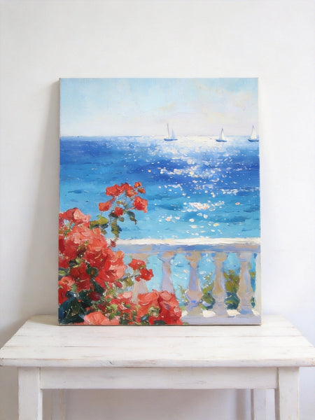 Tranquil Noon at the Coastal Bougainvillea Nook, Hand Painted Canvas Art, Original Landscape Paintings, Small Canvas Wall Art Paintings, Original Oil Paintings-artworkcanvas